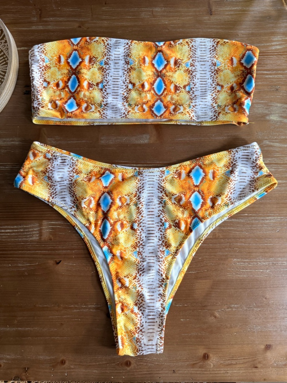 Amazon Yellow Orange Blue Patterned Bandeau Bikini Set - Picture 7 of 10